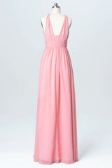 Pink Chiffon Halter Backless A-Line Long Bridesmaid Dress