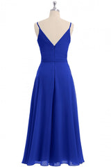 Royal Blue V-Neck Spaghetti Straps Tea-Length Bridesmaid Dress