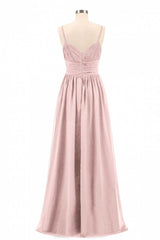 Dusty Pink Spaghetti Straps Banded Waist Long Bridesmaid Dress