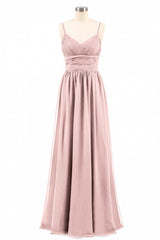 Dusty Pink Spaghetti Straps Banded Waist Long Bridesmaid Dress