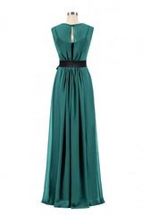 Hunter Green Crew Neck Belted Long Bridesmaid Dress