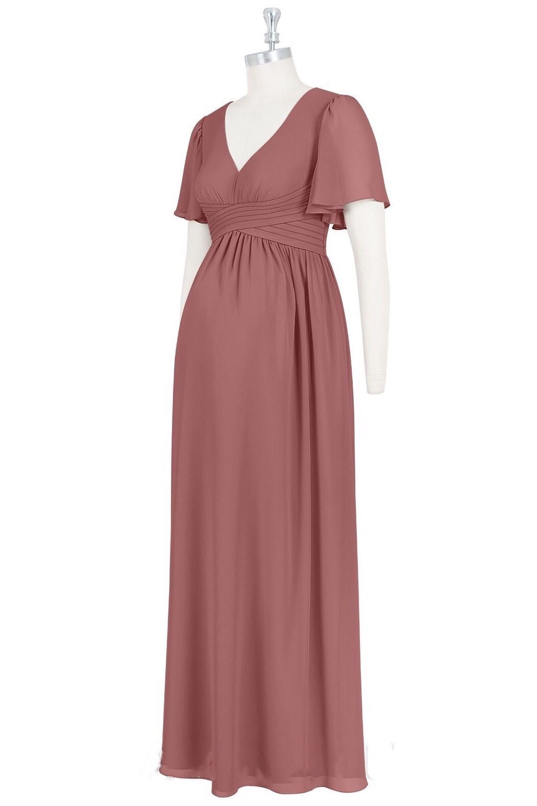 Brown V-Neck High-Waist Long Maternity Bridesmaid Dress