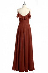 Rust Orange Chiffon Straps Ruffled A-Line Bridesmaid Dress