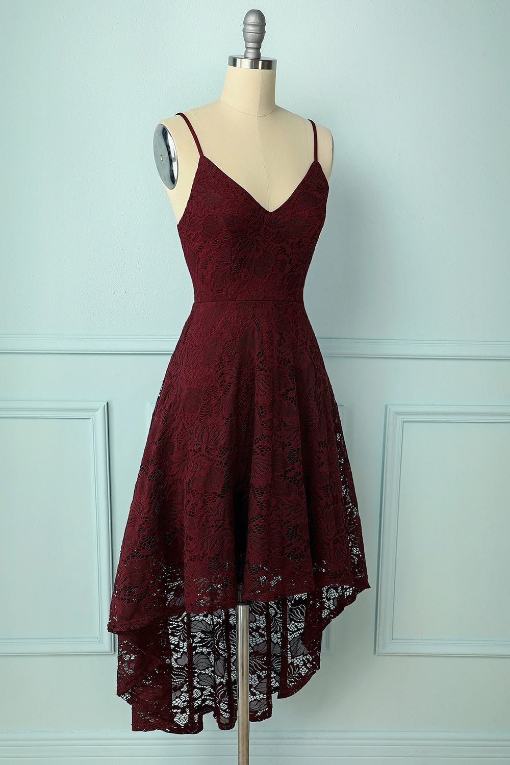 Spaghetti Strap High-Low Burgundy Lace Bridesmaid Dress