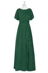 Hunter Green Chiffon Ruffled Long Bridesmaid Dress