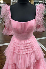 Cold Shoulder Pink Feathers A-Line Tiered Prom Dress