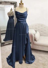 A Line Bateau Spaghetti Straps Long Floor Length Satin Prom Dress With Pleated Split