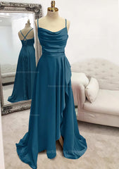 A Line Bateau Spaghetti Straps Long Floor Length Satin Prom Dress With Pleated Split