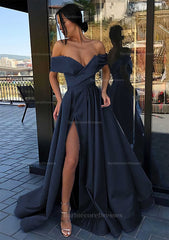 A Line Off The Shoulder Cap Straps Sweep Train Satin Prom Dress With Pleated Split