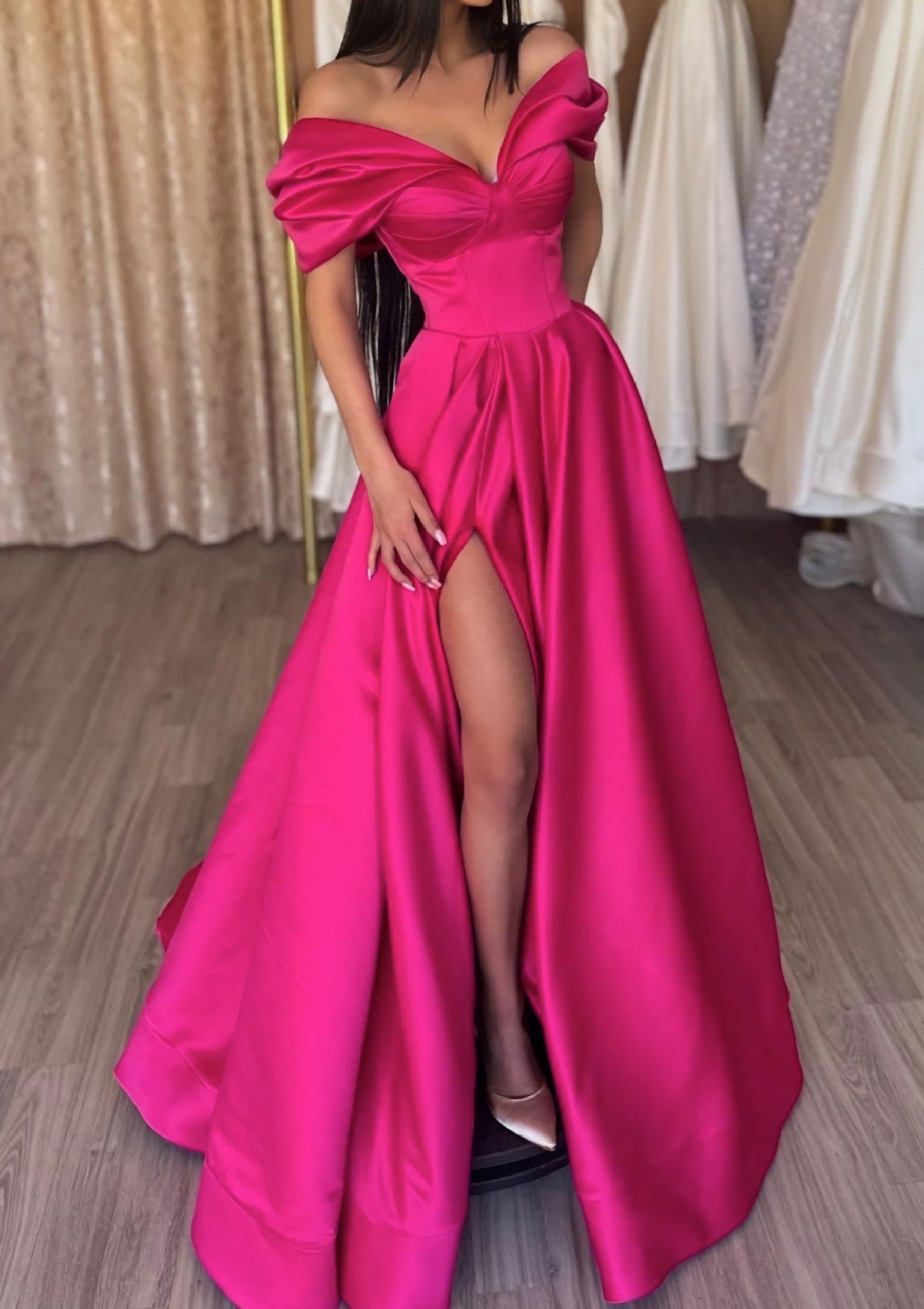 A Line Off The Shoulder Short Sleeve Satin Long Floor Length Prom Dress With Ruffles Split