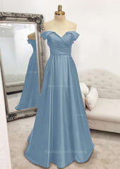 A Line Off The Shoulder Sleeveless Long Floor Length Satin Prom Dress With Pleated