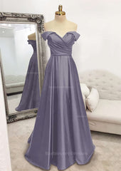 A Line Off The Shoulder Sleeveless Long Floor Length Satin Prom Dress With Pleated