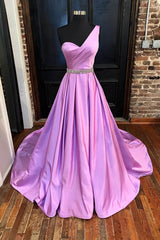 A Line One Shoulder Sleeveless Satin Long Floor Length Prom Dress With Beading Pleated