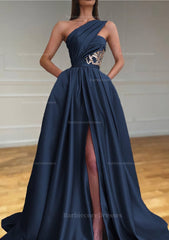 A Line One Shoulder Sleeveless Sweep Train Satin Prom Dresses With Split Pleated