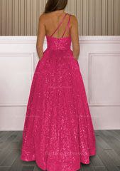 A Line One Shoulder Sleeveless Sweep Train Sequined Prom Dress With Pockets