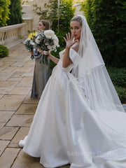 A-Line/Princess Off-the-Shoulder Cathedral Train Satin Wedding Dresses