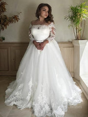 A-Line/Princess Off-the-Shoulder Court Train Tulle Wedding Dresses With Belt/Sash