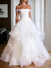 A-Line/Princess Off-the-Shoulder Floor-Length Tulle Wedding Dresses