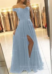 A Line Princess Off The Shoulder Sleeveless Long Floor Length Chiffon Prom Dress With Beading Split