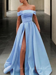 A-Line/Princess Off-the-Shoulder Sweep Train Satin Prom Dresses With Leg Slit