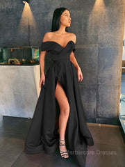 A-Line/Princess Off-the-Shoulder Sweep Train Satin Prom Dresses With Leg Slit