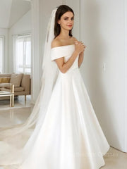 A-Line/Princess Off-the-Shoulder Sweep Train Satin Wedding Dresses