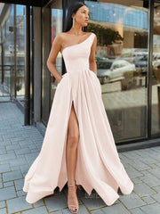 A-Line/Princess One-Shoulder Floor-Length Satin Prom Dresses With Leg Slit