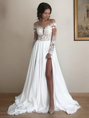 A-Line/Princess Scoop Sweep Train Chiffon Wedding Dresses With Leg Slit