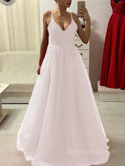 A-Line/Princess Spaghetti Straps Floor-Length Tulle Prom Dresses With Appliques Lace