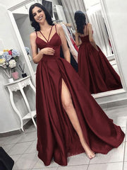 A-Line/Princess Spaghetti Straps Sweep Train Satin Evening Dresses With Pockets