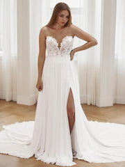 A-Line/Princess Sweetheart Chapel Train Chiffon Wedding Dresses With Leg Slit