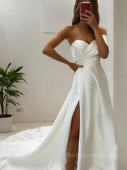 A-Line/Princess Sweetheart Court Train Satin Wedding Dresses With Leg Slit