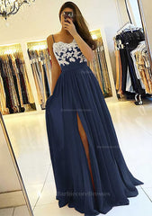 A Line Princess Sweetheart Sleeveless Long Floor Length Chiffon Prom Dress With Split Appliqued