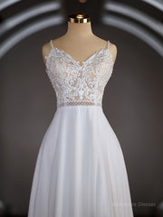 A-Line/Princess V-neck Court Train Chiffon Wedding Dresses with Leg Slit