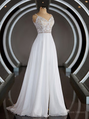 A-Line/Princess V-neck Court Train Chiffon Wedding Dresses with Leg Slit