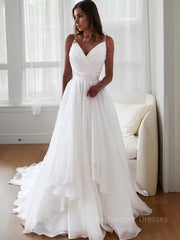 A-Line/Princess V-neck Court Train Organza Wedding Dresses