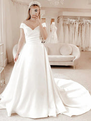 A-Line/Princess V-neck Court Train Satin Wedding Dresses With Pleated