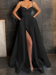 A-Line/Princess V-neck Floor-Length Satin Prom Dresses With Leg Slit