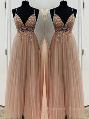 A-Line/Princess V-neck Floor-Length Tulle Prom Dresses With Beading