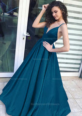 A Line Princess V Neck Sleeveless Long Floor Length Satin Prom Dress