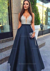 A Line Princess V Neck Sleeveless Long Floor Length Satin Prom Dresses With Sequins