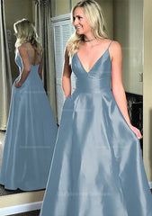 A Line Princess V Neck Sleeveless Sweep Train Satin Prom Dresses