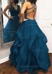 A Line Princess V Neck Sleeveless Tulle Long Floor Length Prom Dress With Pleated