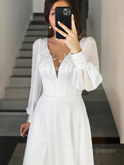 A-Line/Princess V-neck Sweep Train Chiffon Wedding Dresses