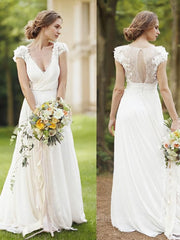 A-Line/Princess V-neck Sweep Train Chiffon Wedding Dresses