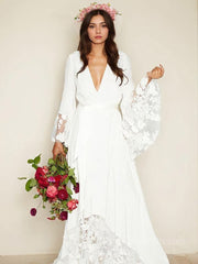 A-Line/Princess V-neck Sweep Train Chiffon Wedding Dresses With Belt/Sash