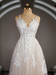 A-Line/Princess V-neck Sweep Train Lace Wedding Dresses with Appliques Lace