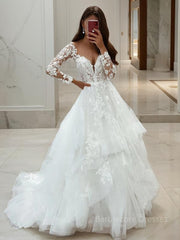 A-Line/Princess V-neck Sweep Train Tulle Wedding Dresses With Appliques Lace