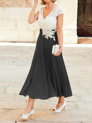 A-Line/Princess V-neck Tea-Length Chiffon Mother of the Bride Dresses With Lace Applique