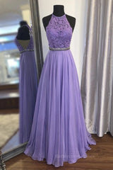 A Line Purple Lace Long Prom Dress with Belt, Purple Lace Formal Dress, Purple Evening Dress, Bridesmaid Dress